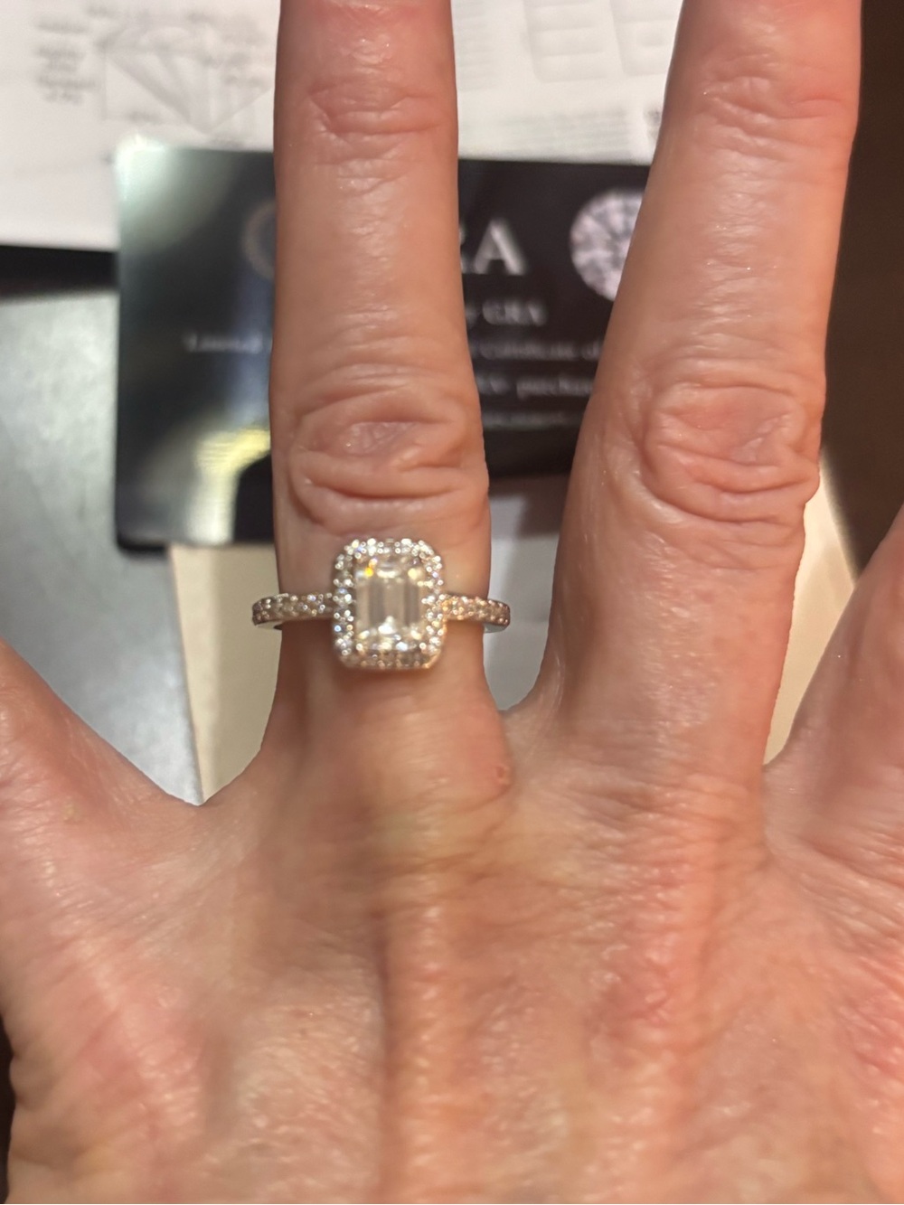 Sterling Halo Emerald-Cut GRA certified 1ct Moissanite Ring in Silver